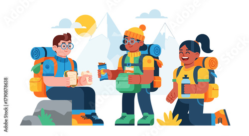 Adventurous Hikers Enjoying Food and Refreshments Amidst Majestic Mountain Views