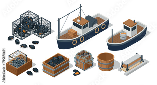Isometric fishing boats and equipment scene with seafood baskets and crates