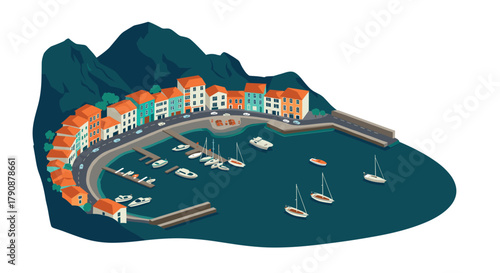 Coastal harbor with colorful houses and boats in isometric style