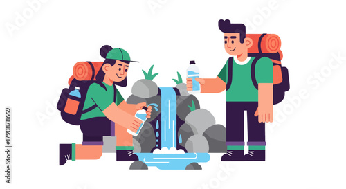 Adventurous Hikers Refilling Water Bottles From a Refreshing Mountain Waterfall