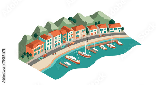 Isometric coastal town with boats and colorful houses along waterfront