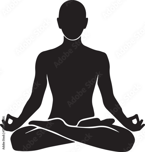 Flat black vector silhouette of person meditating in yoga pose.