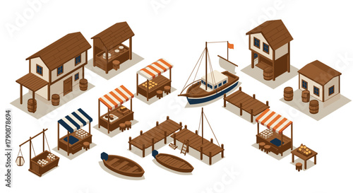 Isometric medieval dock scene with market stalls and boats