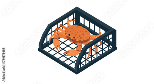 Isometric crab in trap illustration for marine and fishing concepts