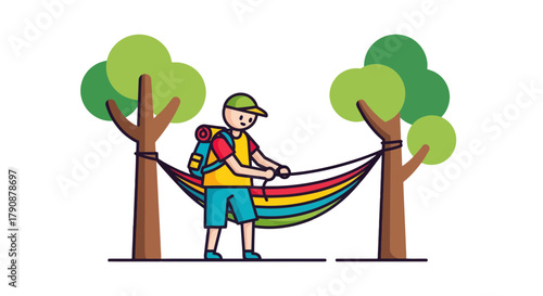 Adventurous Traveler Preparing To Relax In A Colorful Hammock Under The Trees