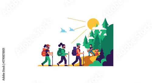 Adventurous Illustration Depicting Hiking Group Traversing Scenic Trail in Nature's Embrace