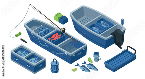 Isometric fishing gear boats and equipment with fresh catch