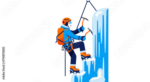 Adventurous Ice Climber Ascends A Frozen Waterfall Against A Black Background