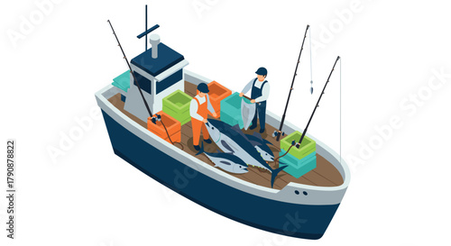 Isometric fishing boat scene with fishermen and fresh catch on deck