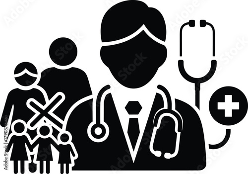 Doctor with stethoscope and family icons cross out one person medical healthcare