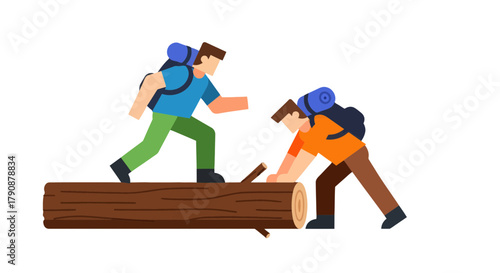 Adventurous Illustrative Depiction Illustrating Teamwork and Perseverance On A Log Structure