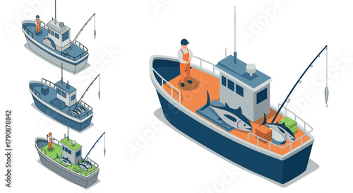 Isometric fishing boats with fishermen and tuna on board