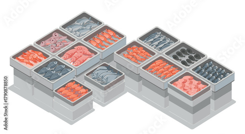 Fresh fish market display with variety of seafood in isometric style