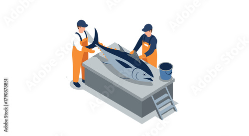Isometric fishermen processing tuna on table with equipment