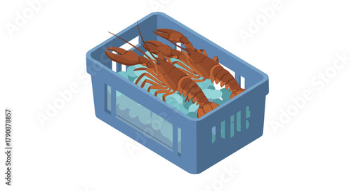 Fresh lobsters in a blue crate on ice in isometric style