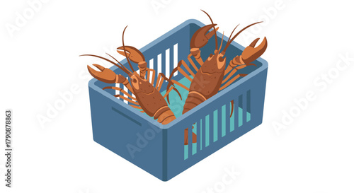 Two lobsters in blue container detailed isometric illustration of marine life in captivity