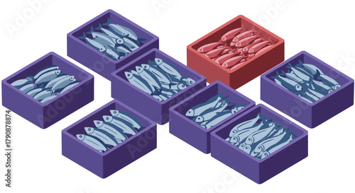 Isometric fish crates illustration colorful display of market fresh seafood