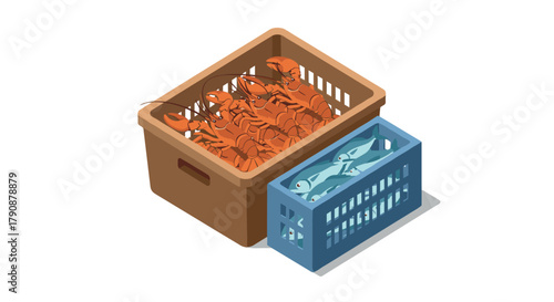 Isometric containers of fresh lobsters and fish on white background