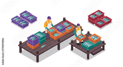 Isometric fish processing workers sorting and packing seafood in factory setting