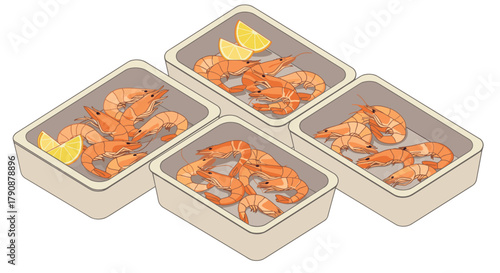 Fresh cooked shrimp in containers with lemon slices on display
