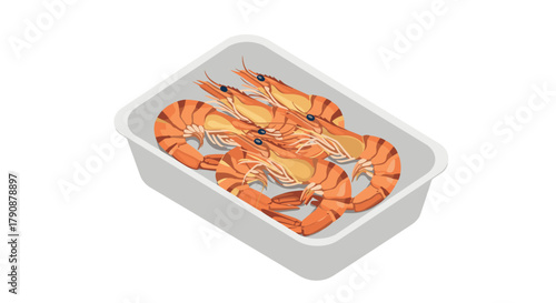 Realistic tray of fresh prawns in flat design style on a white background