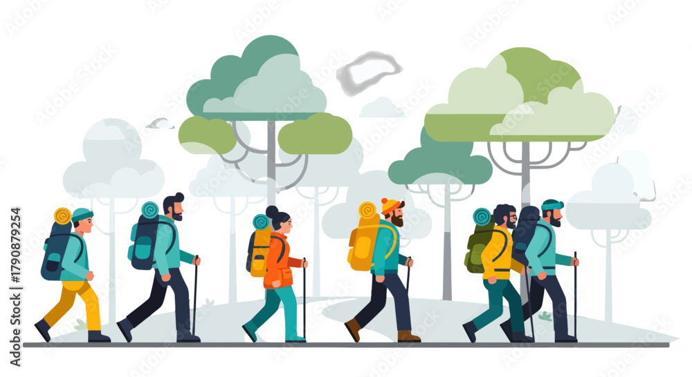 Fototapeta premium Adventurous Travellers Hiking Together On A Night Expedition Under the Trees