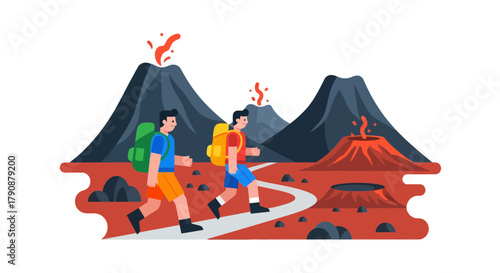 Adventurous Travellers Hike Through Volcanic Landscapes With Erupting Mountains As Background