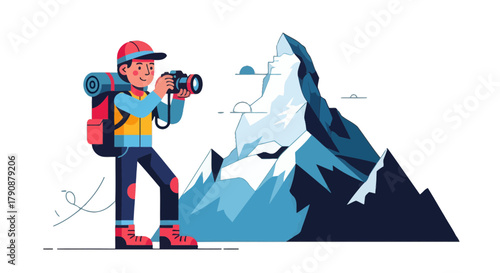 Adventurous Photographer Capturing Majestic Mountain Scene In Stunning Illustrated Style