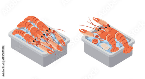 Isometric fresh lobsters on ice trays with lemon and tomato slices