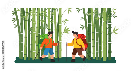 Adventurous Travellers Hiking Through Lush Bamboo Forest, Embrace Adventure and Explore Nature