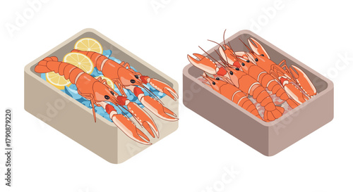 Isometric boxes of fresh lobsters with lemons and ice