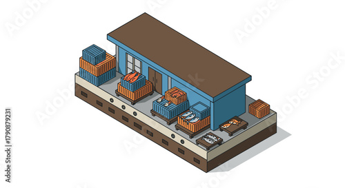 Isometric cargo warehouse with shipping containers and transport logistics elements