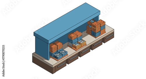Isometric warehouse storage shelves with stacked boxes and drawers