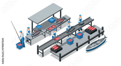Isometric fish processing factory with workers and equipment