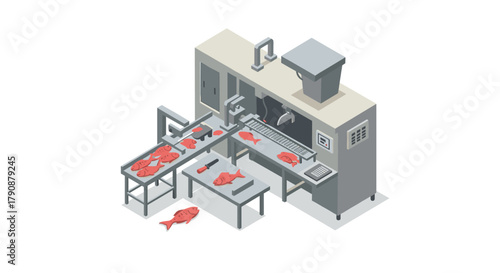 Isometric fish processing conveyor in modern industrial setting
