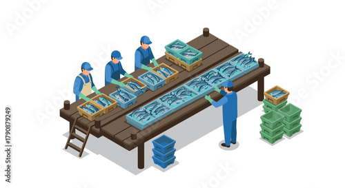 Isometric fish processing plant with workers sorting and packaging seafood on conveyor belts