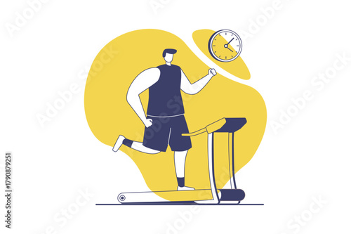 Fitness at gym web concept with flat people for website design. Man training and running at treadmill machine, doing exercises with cardio program and developing endurance. Vector illustration.