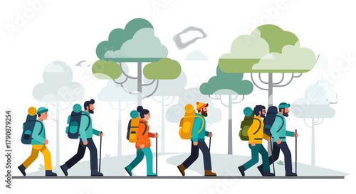 Adventurous Travellers Hiking Together On A Night Expedition Under the Trees