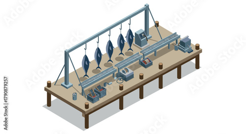 Isometric fish processing table with conveyor belt and equipment