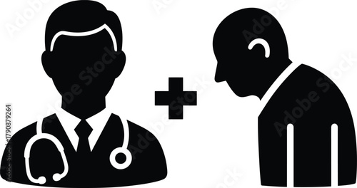 Doctor with stethoscope and patient silhouette plus symbol medical healthcare