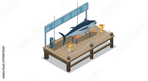Isometric fishing dock with trophy tuna and awards displayed