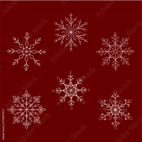 Stylish vector illustration of geometric white snowflakes arranged on a rich red background. This minimalist winter artwork captures the essence of Christmas and festive mood. 