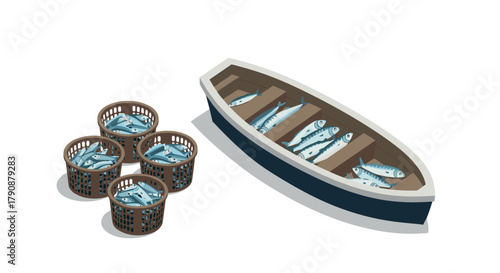 Isometric fishing boat with baskets of fresh fish on white background
