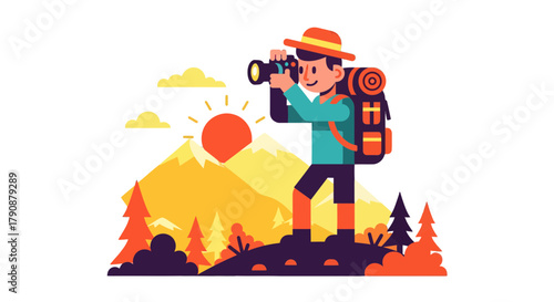 Adventurous Photographer Capturing Majestic Mountain Scenery At Sunrise In Illustration Form