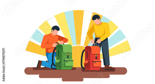 Adventurous Travellers Preparing Their Backpacks For An Inspiring Journey Into Nature