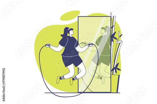 Fitness at gym web concept with flat people for website design. Woman training with rope jumping, doing exercises with aerobic program, energetic movement workout at sport studio. Vector illustration.