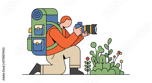 Adventurous Photographer Capturing Nature's Beauty With Backpack And Camera Illustration