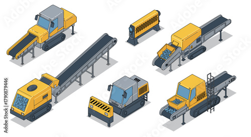 Isometric construction vehicles and equipment on white background