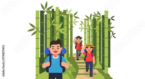 Adventurous Trio Hikes in Lush Bamboo Forest with Backpacks and Hats Under Sunshine