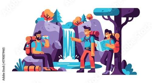 Adventurous Trio Exploring Nature's Beauty Near Waterfall Exploring Landscapes Illustration